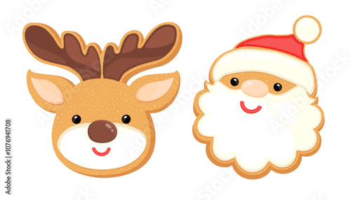 Christmas gingerbread Santa Claus and reindeer cookie shapes. Xmas sugar cookie characters. Cute gingerbread Santa face and deer head shortbread. Christmas cartoon vector illustration homemade bakery.