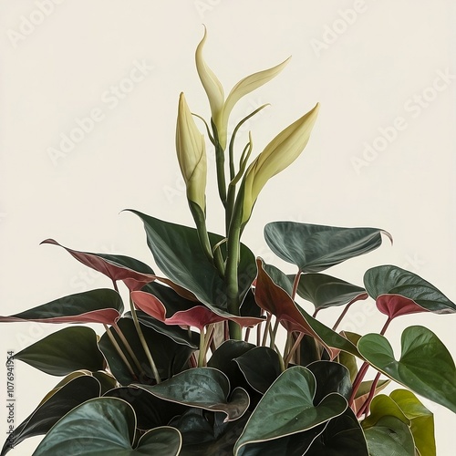 A photo of a pothos epipremnum aureum flower isolated on a white background. The flower has a green stem and leaves with a yellowish-green flower. The leaves are heart-shaped and have a shiny surface. photo