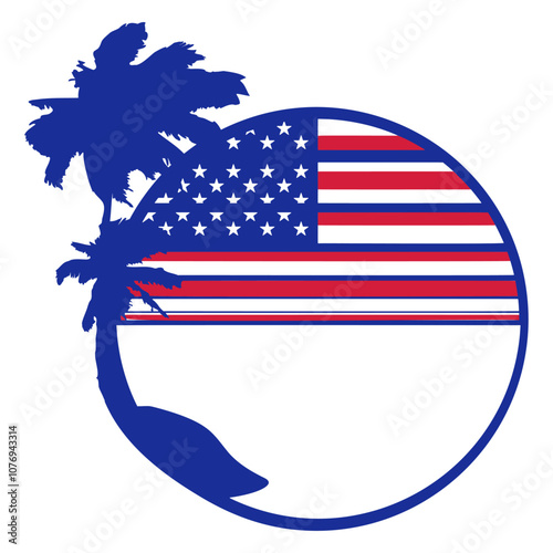 Usa Flag Palms Stars And Stripes America Round Fun Beach Vacation South Seas Tropical Warm Weather Caribbean Nature Lover Summer Holiday Life Isolated T-Shirt Poster Sticker Print Illustration Design