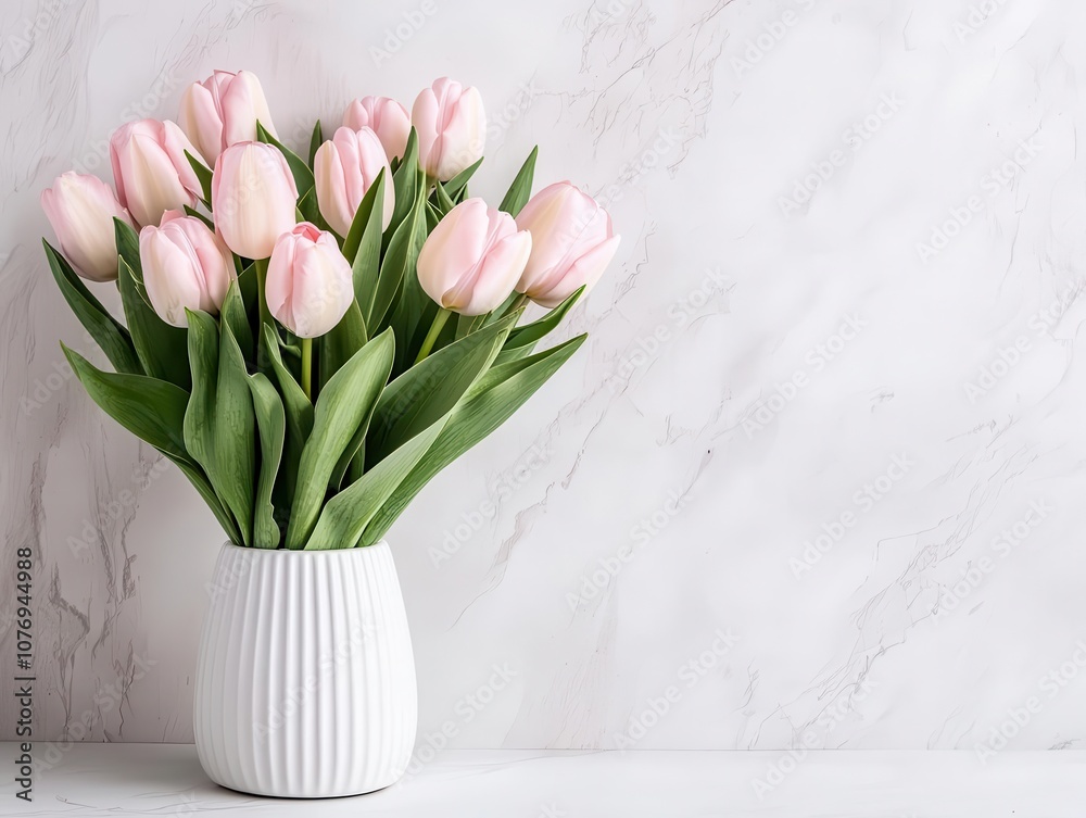 Obraz premium Elegant white vase with blush tulips, minimalist design, isolated on a clean backdrop
