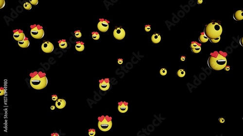 Social Media Emojis heart eyes and wow icons flying up 3D animation in 60 fps on black background