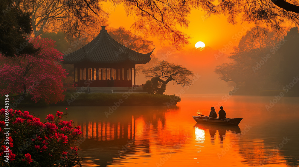 Landscape, sunset on a lake with a house on the shore, boat with two people Landscape, sunset on a lake with a house on the shore, boat with two people