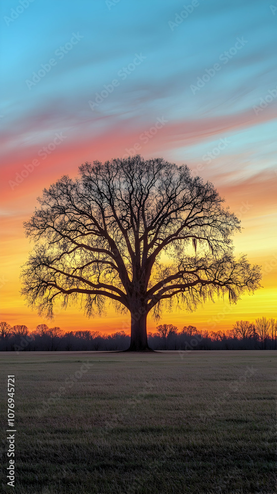 Obraz premium A lone tree stands tall in a field at sunset with colorful sky.
