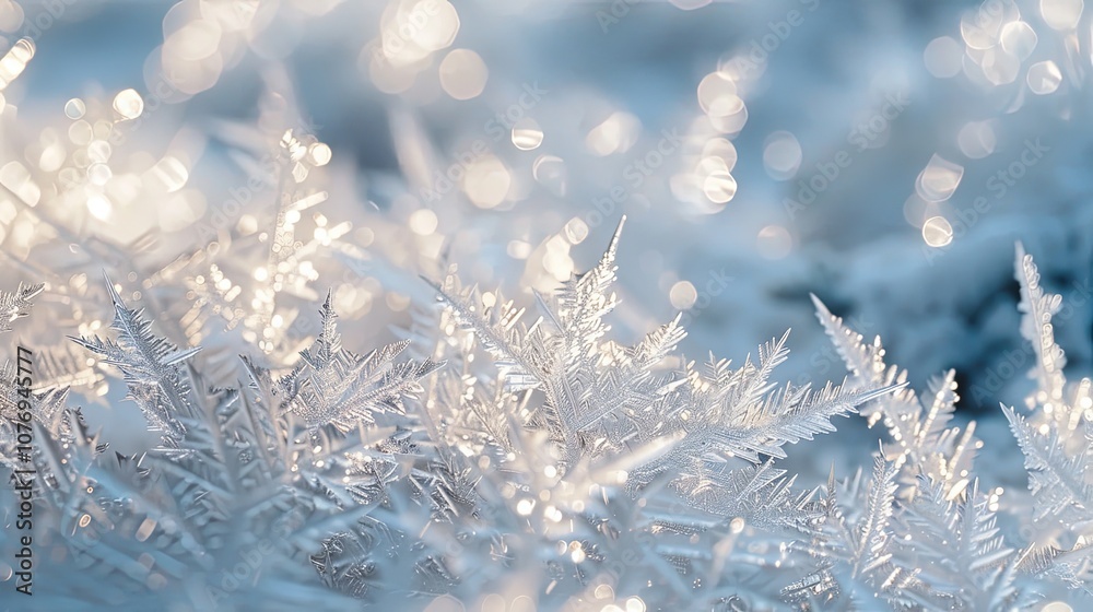 Obraz premium Delicate, intricate snowflake crystals with frosty details in a soft winter glow, highlighting the beauty of natural ice formations.