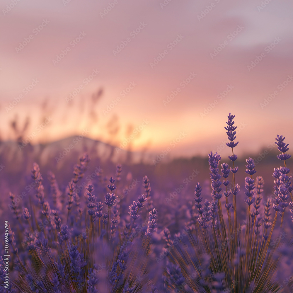 Obraz premium A serene background of lavender fields in full bloom during a sunset.