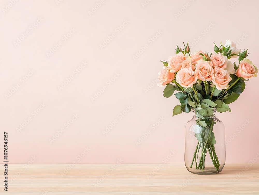 Soft blush roses in a minimalist glass vase, elegantly arranged, isolated on a light background Soft blush roses in a minimalist glass vase, elegantly arranged, isolated on a light background