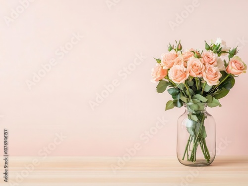 Soft blush roses in a minimalist glass vase, elegantly arranged, isolated on a light background