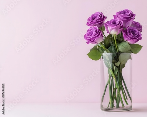 Clear vase with delicate lavender roses, minimal and soft, isolated on a light background