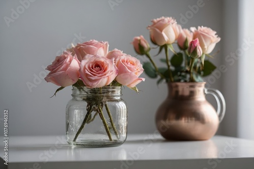 Pink roses in a glass jar on the white table on the background white wall