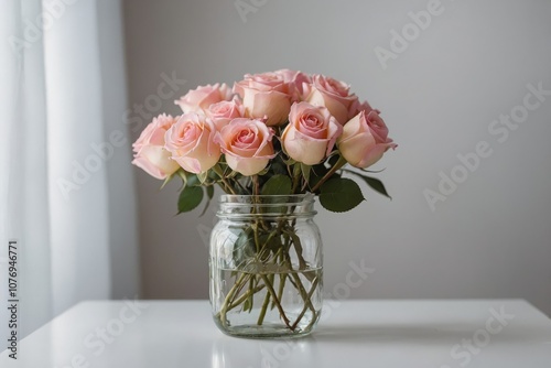 Pink roses in a glass jar on the white table on the background white wall
