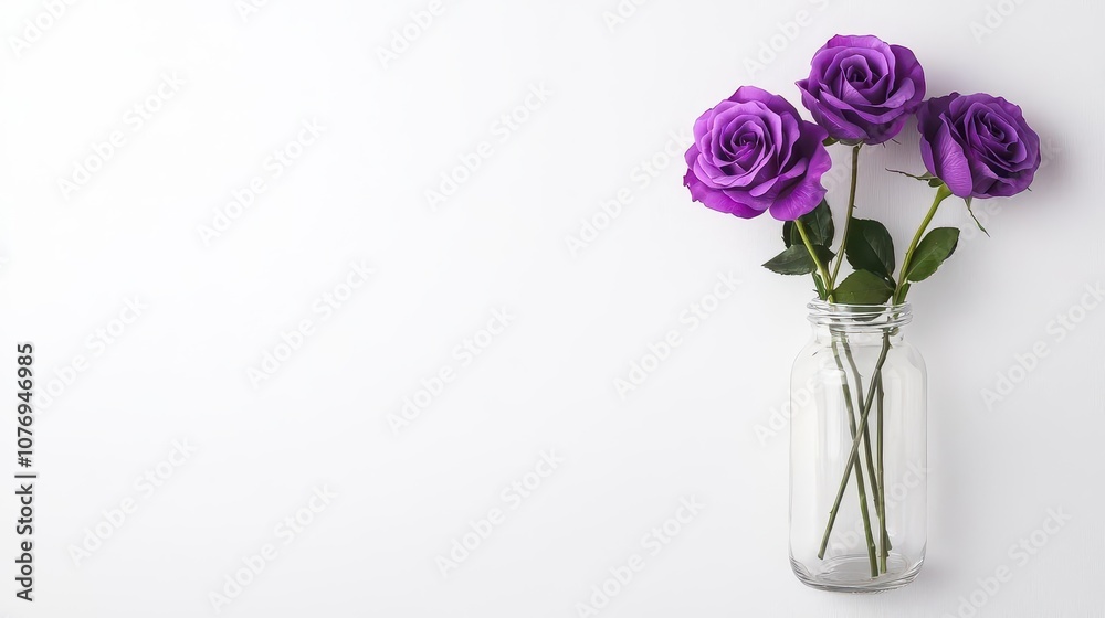 Fototapeta premium Clear vase with soft lavender roses, minimalist and elegant, isolated on a white background