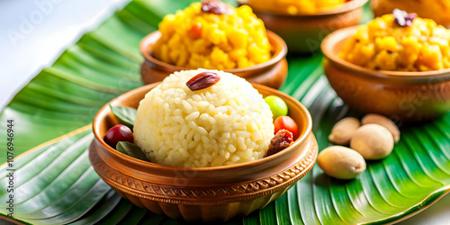 Pongal Sweets Macro Imagery - Captivating Macro Shot of Sakkarai Pongal and Sweet Rice Highlighting Textures, Vibrant Colors in Realistic Environment with Copy Space for Photo Stock Concept photo