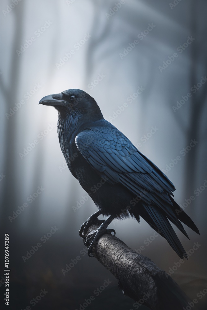 Fototapeta premium Majestic Raven in Misty Woods 