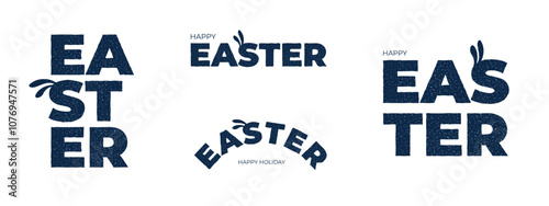 Happy Easter lettering set. Paschal celebration modern inscription for greeting card. Springtime holiday letters logo. Trendy typography logotype with cute bunny ears. Eps retro style badge