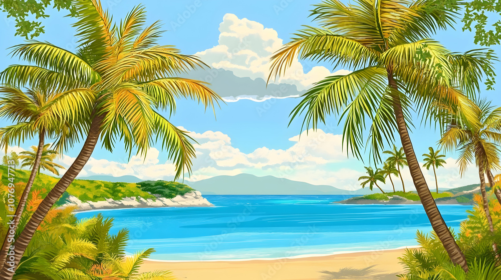 Fototapeta premium A tropical beach with palm trees and turquoise water.