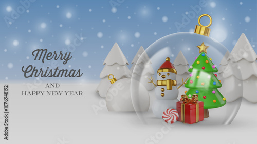 christmas card with 3d snowman and christmas tree inside a glass ball. merrry christmas banner with 3d realistic decorations on winter landscape