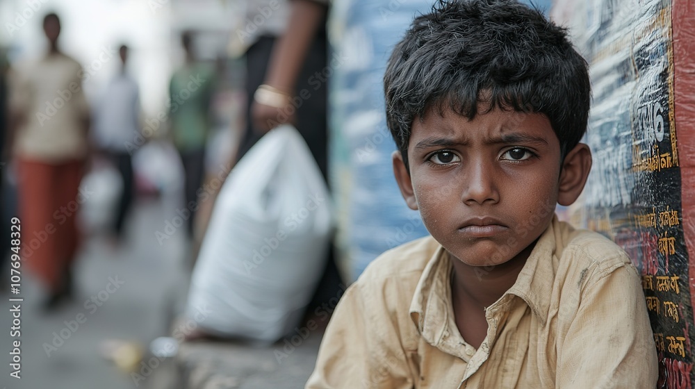 Obraz premium A young beggar sits on the sidewalk