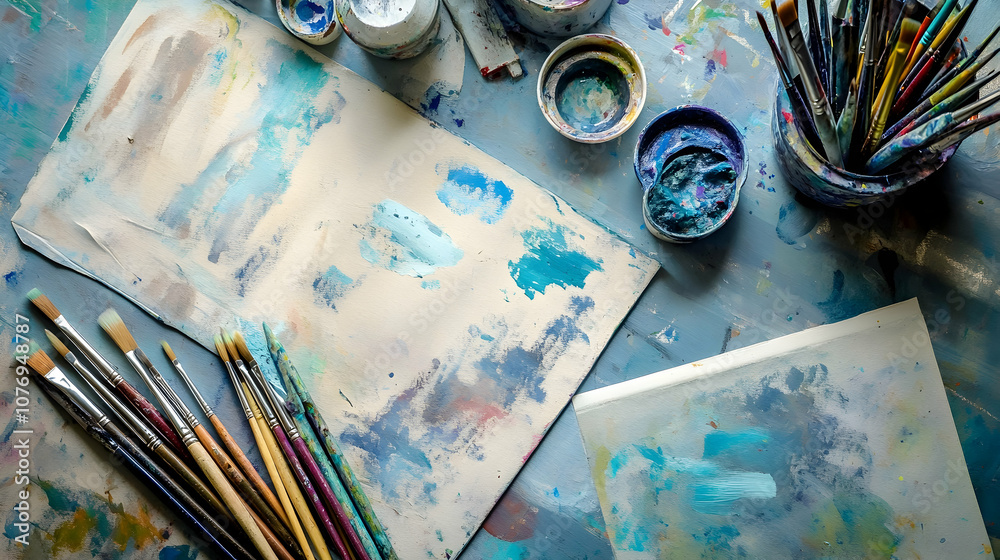 Fototapeta premium An overhead view of an artist's workspace with paintbrushes, paints, and canvases.