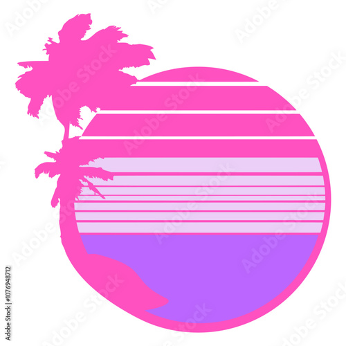 Palms Island Stripe Sun Sunset Evening Sea Round Beach Vacation South Seas Tropical Warm Weather Caribbean Nature Lover Summer Holiday Life Isolated T-Shirt Poster Sticker Print Illustration Design
