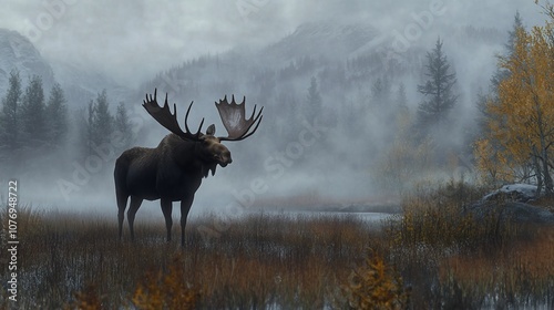 A majestic moose stands in a misty forest clearing, its antlers reaching towards the sky.  The air is thick with fog, creating a sense of mystery and tranquility. photo