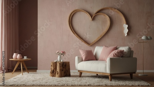 Pink, white, and wood minimalistic interior design with a heart shaped decor for Valentine's Day