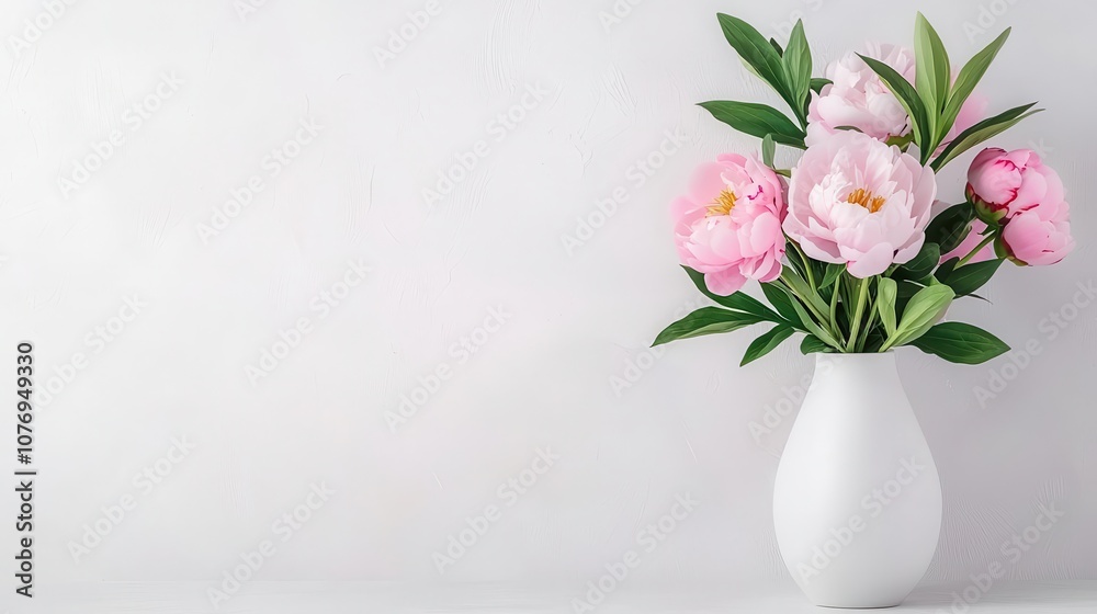 Fototapeta premium Elegant white vase with blush peonies, soft and delicate, isolated on a light backdrop