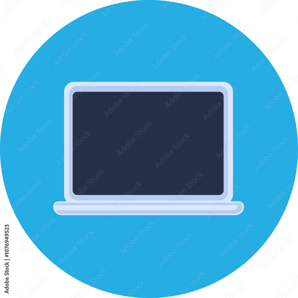Open laptop round sticker. Portable personal device abstract techno circle icon for modern and retro technological design. Simple color vector pictogram isolated on white background Open laptop round sticker. Portable personal device abstract techno circle icon for modern and retro technological design. Simple color vector pictogram isolated on white background