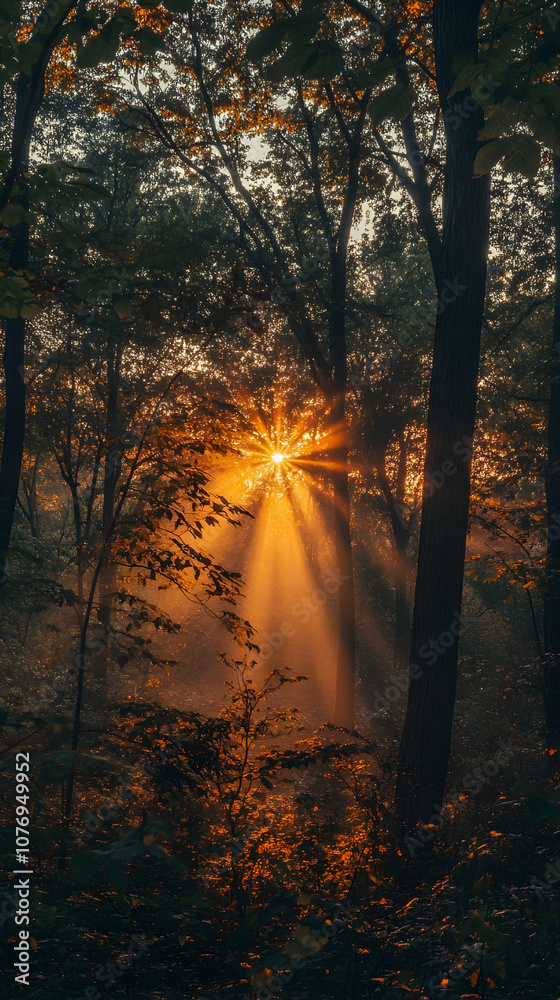 Fototapeta premium Golden sunlight rays peek through dense forest trees and fog at sunrise.