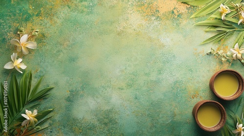 A serene green background with tropical leaves, flowers, and two bowls of yellow substance. Tamil Thai Pongal Day