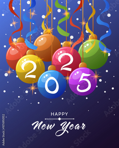 Happy New Year 2025 greeting card design with Christmas balls and serpentine. Postcard template with holiday decorations on blue background. Winter social media poster or banner. Vector illustration.