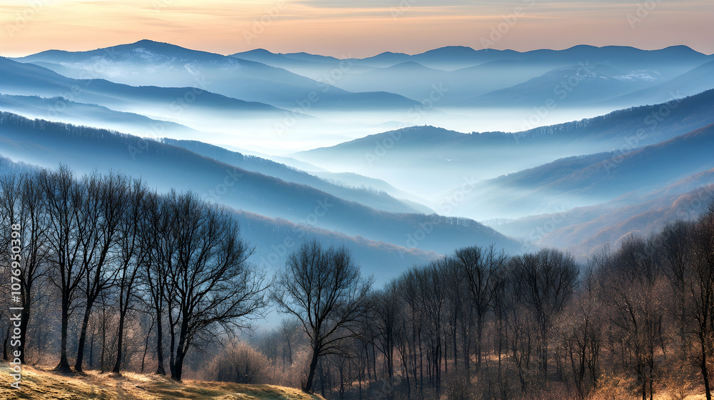 Obraz premium Misty mountain landscape at sunrise with trees in the foreground.