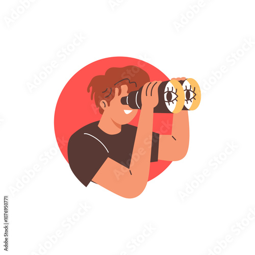 Vector illustration of a man looking through binoculars watching someone.