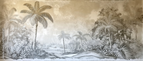 un papier peint jungle, inspiré des voyages d'asie, on y voit des forêts de palmiers verdoyants, sur un fond dégadé de blanc de gris clair et de beige.