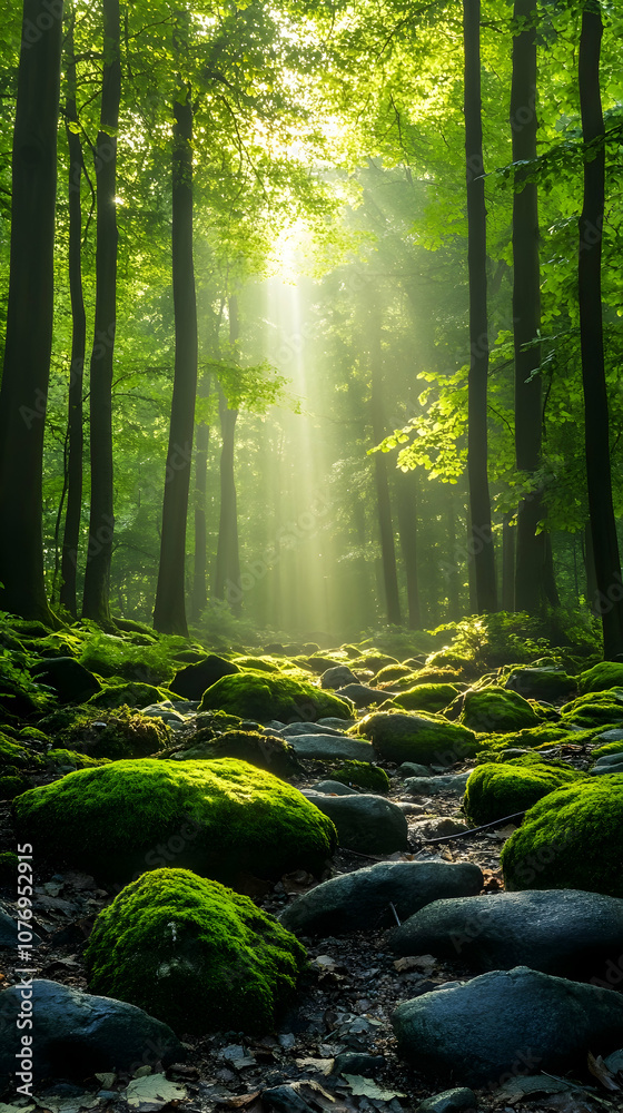 Fototapeta premium Sunlight beams through the trees of a lush forest, illuminating a path of moss-covered rocks.