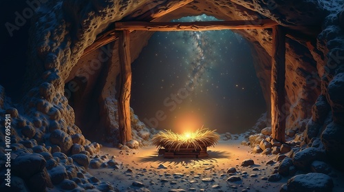 Rustic wooden nativity scene bathed in ethereal starlight and a humble nativity scene set in an atmospheric cave. a spiritual Christmas illustration photo