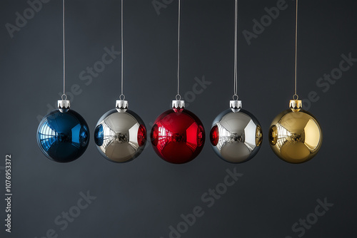  Five colorful Christmas baubles in silver, blue, gold, and red hang from strings, shining against a simple grey background.