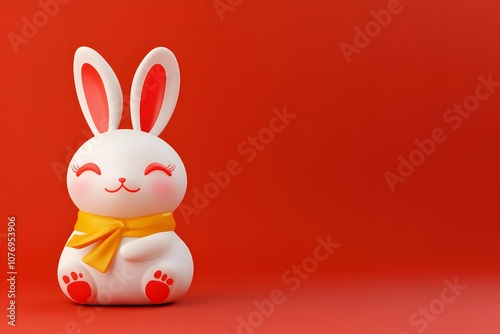 Cute rabbit celebrating Chinese New Year on a red background with copy space, festive illustration symbolizing luck, prosperity, zodiac sign, and traditional holiday celebration