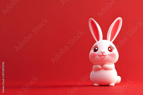 Cute rabbit celebrating Chinese New Year on a red background with copy space, festive illustration symbolizing luck, prosperity, zodiac sign, and traditional holiday celebration