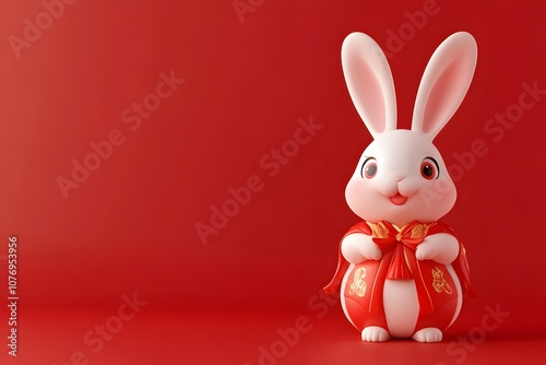 Cute rabbit celebrating Chinese New Year on a red background with copy space, festive illustration symbolizing luck, prosperity, zodiac sign, and traditional holiday celebration