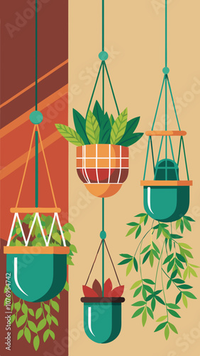 A painting of three hanging plants with a green pot in the middle