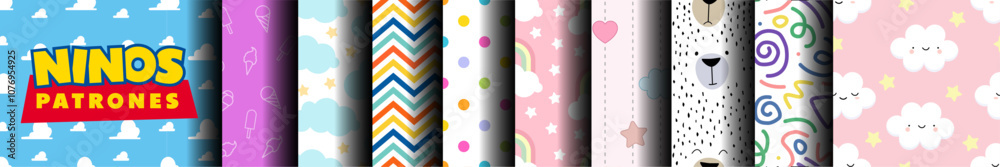 Colección de Patrones Continuos para Habitaciones Infantiles. Conjunto de Papeles Tapiz para Dormitorios de Niños. Gráficos para Textiles, Ropa y Fondos. Paquete Vectorial de Diseños para Impresión