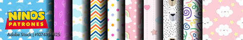 Colección de Patrones Continuos para Habitaciones Infantiles. Conjunto de Papeles Tapiz para Dormitorios de Niños. Gráficos para Textiles, Ropa y Fondos. Paquete Vectorial de Diseños para Impresión