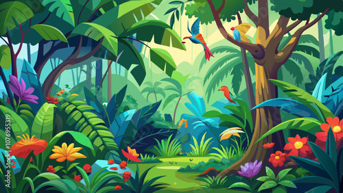 A colorful jungle scene with birds and flowers