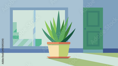 A potted plant sits in a room with a green door