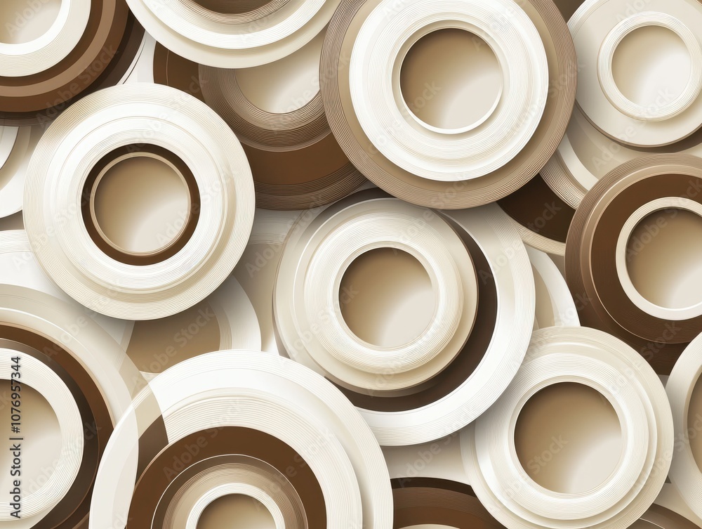 The image depicts a seamless pattern of overlapping circles in shades of beige, brown, and white. Some circles are solid, while others are filled with concentric rings, creating a dynamic and visuall The image depicts a seamless pattern of overlapping circles in shades of beige, brown, and white. Some circles are solid, while others are filled with concentric rings, creating a dynamic and visuall