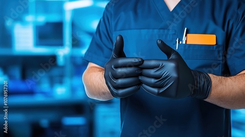 Pair of Anti-Static Gloves Worn by a Technician in a Modern Electronic Work Environment, Ensuring Precise Handling of Sensitive Components and Devices photo