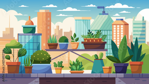 A cityscape with a large number of potted plants on a balcony