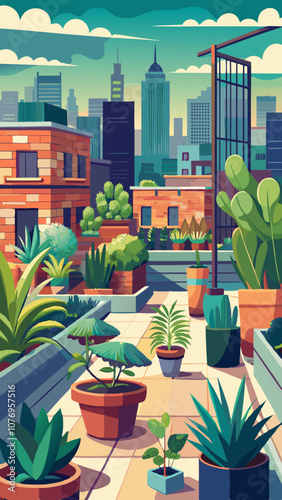 A drawing of a city with a rooftop garden