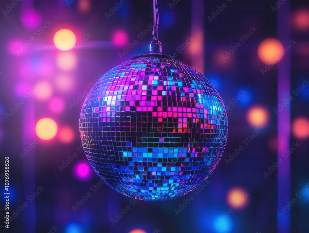 Fototapeta premium disco ball emitting neon effects in a vibrant nightclub setting; retro-inspired illustration capturing the energetic atmosphere and lively spirit of a disco party, complete with colorful lights