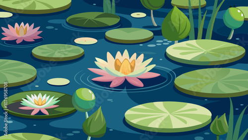 A drawing of a pond with a lot of lilies and water lilies